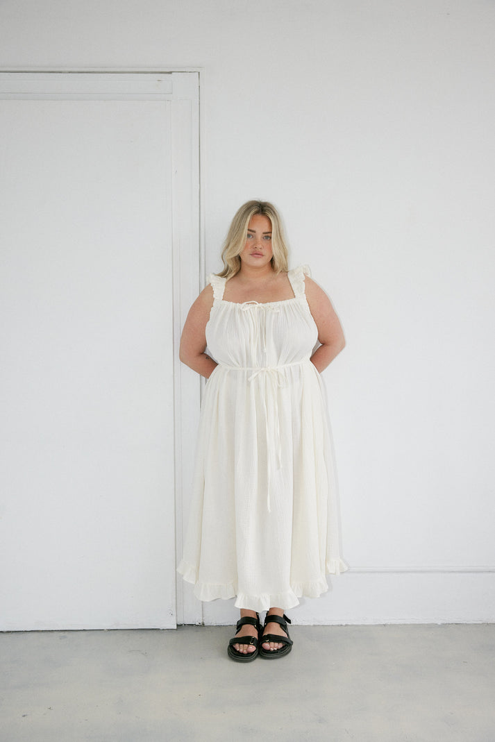 The Ruffle Maxi in Brown Linen