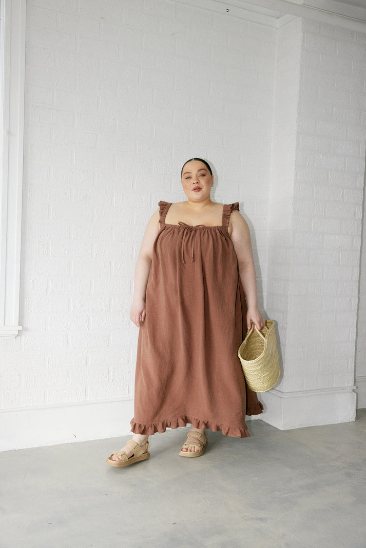 The Ruffle Maxi in Brown Linen